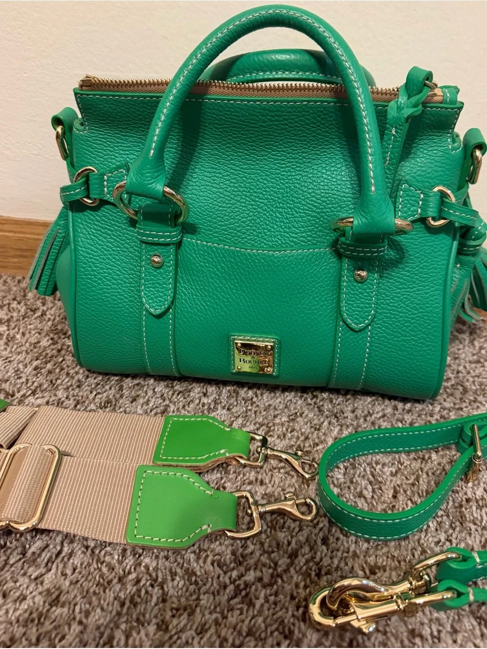 Dooney & Bourke Kelly Green Lucca Pebbled Leather Satchel with Gold Hardware